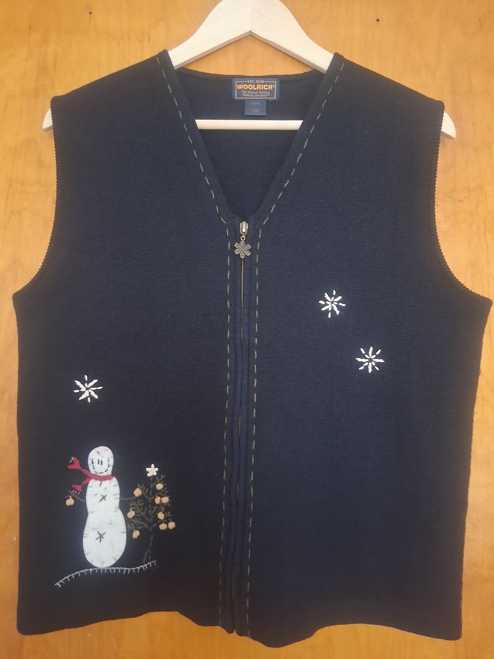 Woolrich Navy Full Zip-Up Women's Knit Vest with Snowman Embroidery, Christmas